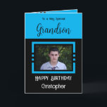 Birthday Grandson fügen Fotoname blau schwarz hinz Karte<br><div class="desc">Für einen ganz besonderen Enkel. Herzlichen Glückwunsch zum Geburtstag. Fügen Sie einen Namen und ein Foto hinzu. Blau und Schwarz.</div>