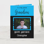 Birthday Grandson fügen Fotoname blau schwarz hinz Karte<br><div class="desc">Für einen ganz besonderen Enkel. Herzlichen Glückwunsch zum Geburtstag. Fügen Sie einen Namen und ein Foto hinzu. Blau und Schwarz.</div>