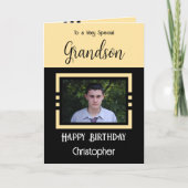 Birthday Grandson fügen Fotoname gelb schwarz Karte (Vorderseite)