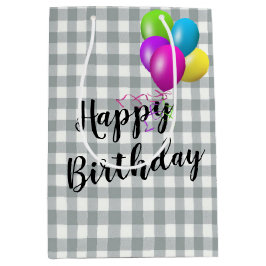 Birthday Gray und White Gingham Mittlere Geschenktüte