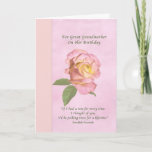 Birthday, Great Grandmother, Peace Rose Karte<br><div class="desc">This birthday greeting for a great grandmother is a soft and dreamy floral design. A pink and yellow Peace Rose is shown on a background of muted pink. A wide vertical border in a pinkish yellow hue is on the left side of the image. A quote from an old Swedish...</div>