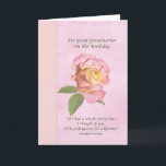 Birthday, Great Grandmother, Peace Rose Karte<br><div class="desc">This birthday greeting for a great grandmother is a soft and dreamy floral design. A pink and yellow Peace Rose is shown on a background of muted pink. A wide vertical border in a pinkish yellow hue is on the left side of the image. A quote from an old Swedish...</div>