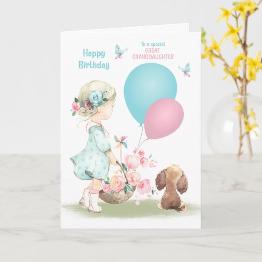 Birthday Great Grandtochter Girl with Puppy Karte (Gelbe Blume)