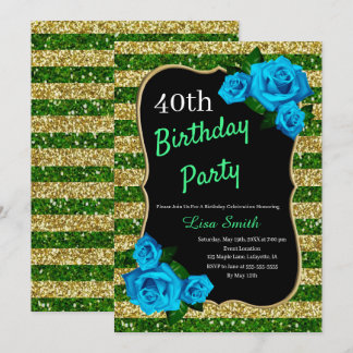 Birthday Green Gold Streifen Glitzer Blue Rose Einladung