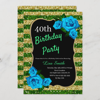 Birthday Green Gold Streifen Glitzer Blue Rose Einladung