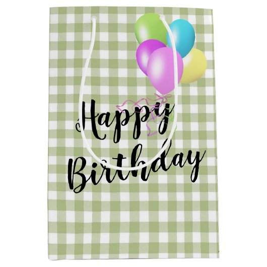 Birthday Green und White Gingham Mittlere Geschenktüte (Vorderseite)