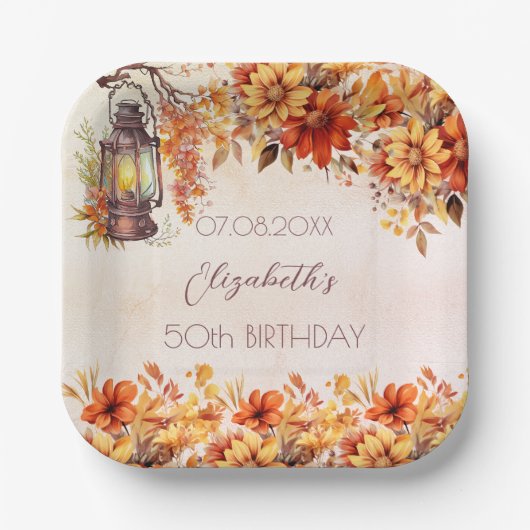 Birthday Herbst Orangenblumen Rustikale Lampe Pappteller (Vorderseite)