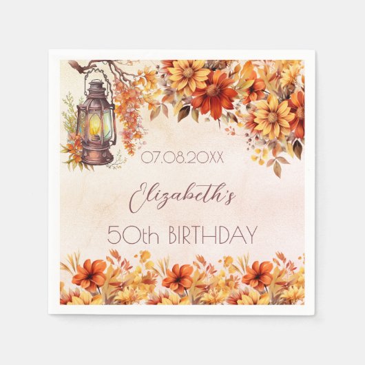 Birthday Herbst Orangenblumen Rustikale Lampe Serviette (Vorderseite)
