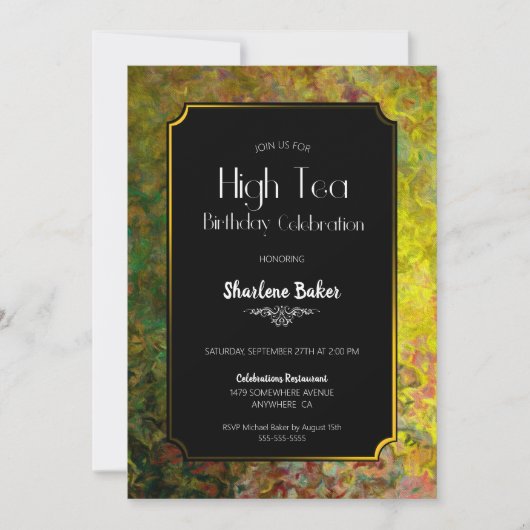 Birthday High Tee Black and Gold Party Einladung (Vorderseite)