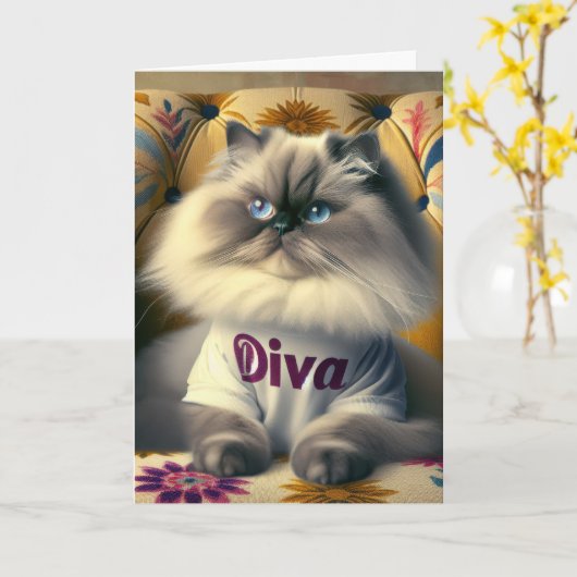 Birthday Himalayan Diva Cat Auf einem Stuhl Karte (Gelbe Blume)