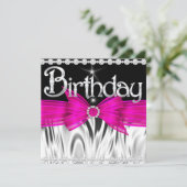 Birthday Hot Pink Bow Black Silver Party Einladung (Stehend Vorderseite)