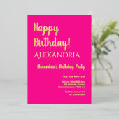 Birthday Hot Pink Happy Geburtstag Real Gold Folieneinladung (Stehend vorne)