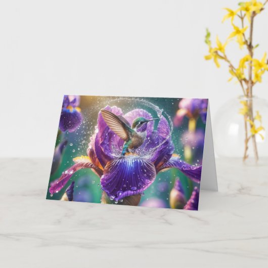 Birthday Hummingbird Splashing in a Iris Karte (Gelbe Blume)