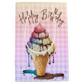 Birthday Ice Cream Cone Rainbow Gingham Mittlere Geschenktüte (Vorderseite)