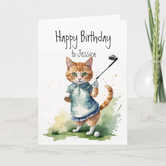 Birthday Individuelle Name Cat Golfing Karte (Vorderseite)