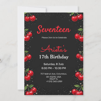 Birthday invitation black back in cherries theme einladung