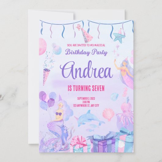 Birthday invitation card. Mermaid for Girls.Custom Einladung (Vorderseite)