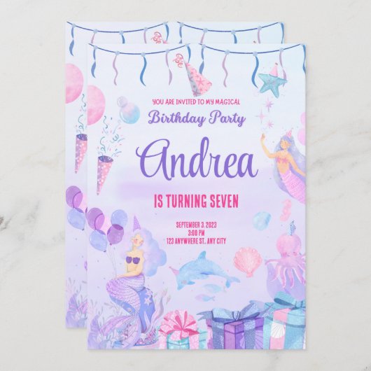 Birthday invitation card. Mermaid for Girls.Custom Einladung (Vorne/Hinten)