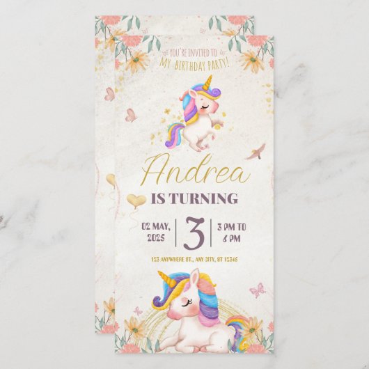 Birthday invitation card. Unicorn for Girls (Vorne/Hinten)