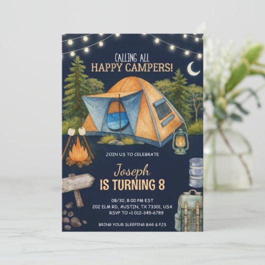 Birthday invitation featuring a camping theme einladung (Stehend Vorderseite)