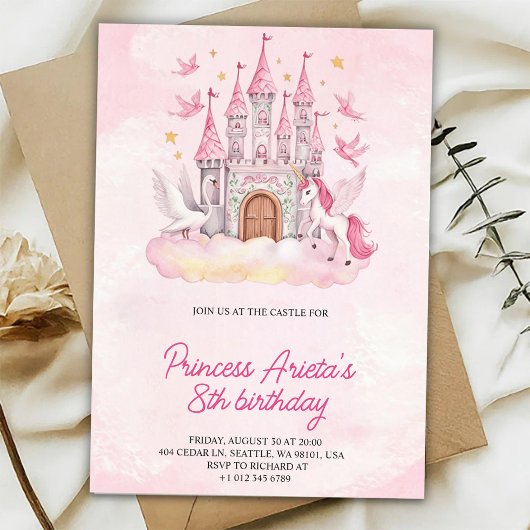 Birthday Invitation with a pink castle  Einladung