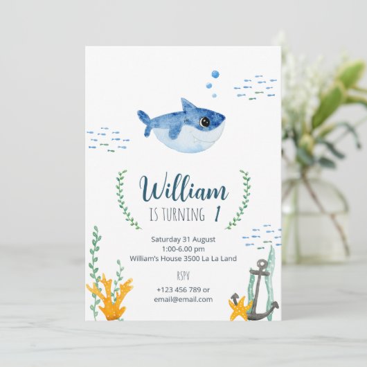 Birthday invitation with Baby Shark Einladung (Stehend Vorderseite)