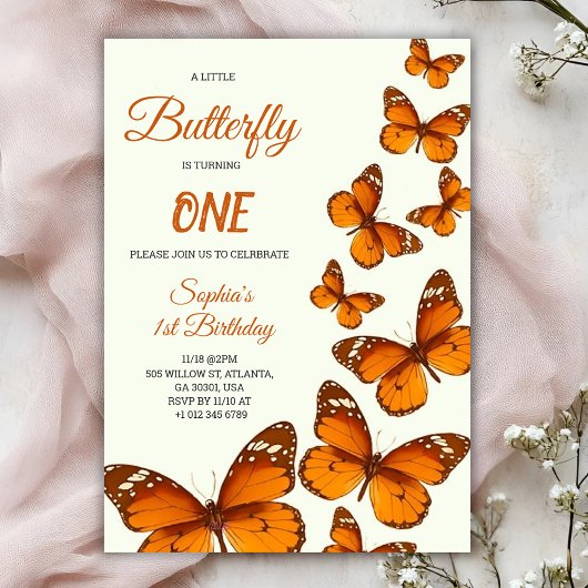 birthday invitation with vibrant orange butterfly einladung