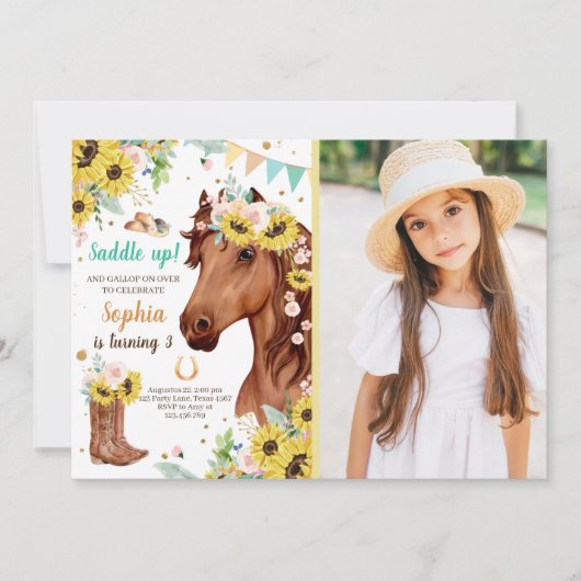Birthday Invite Girl Sunflowers Pony Einladung (Vorderseite)