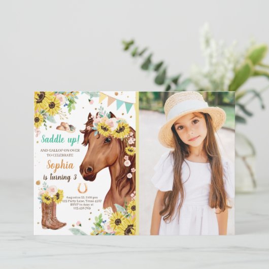 Birthday Invite Girl Sunflowers Pony Einladung (Stehend Vorderseite)