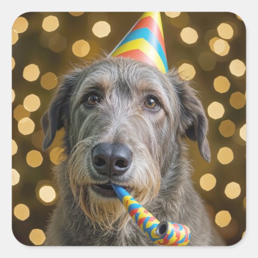 Birthday Irish Wolfhound Dog With Party Hat Quadratischer Aufkleber (Vorderseite)