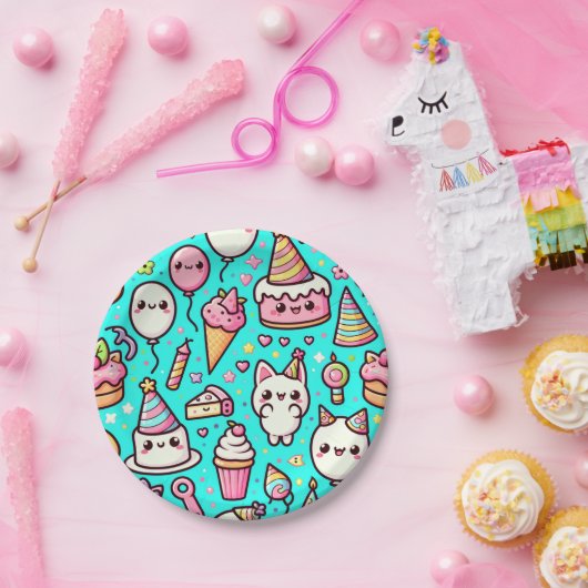 Birthday Kawaii Pattern Pappteller (Party)