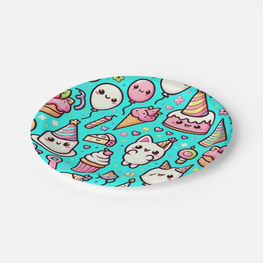 Birthday Kawaii Pattern Pappteller (Schrägansicht)