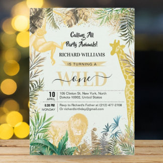Birthday Kids Wild One Jungle Greenery, Gold Party Einladung