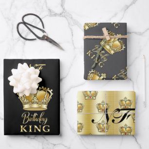 Birthday King Gold Crown Royal Monogram Luxe Geschenkpapier Set