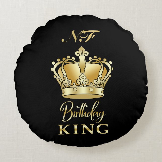 Birthday King Gold Crown Royal Monogram Luxe Rundes Kissen (Vorderseite)