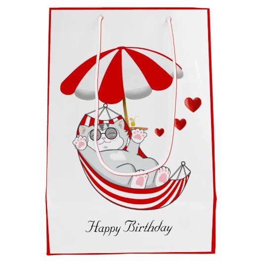 Birthday Kitten in Red & White Hammock Medium Gesc Mittlere Geschenktüte (Rückseite)