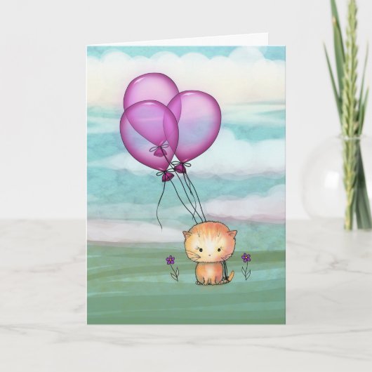Birthday Kitten mit Lila Balloons Karte (Vorderseite)