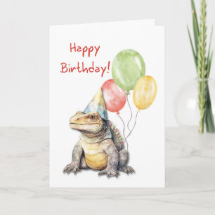 Birthday Komodo Dragon Lizard Party Hat Balloons Karte