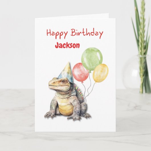 Birthday Komodo Dragon Lizard Party Hat Balloons Karte (Vorderseite)