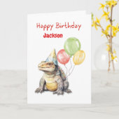 Birthday Komodo Dragon Lizard Party Hat Balloons Karte (Gelbe Blume)