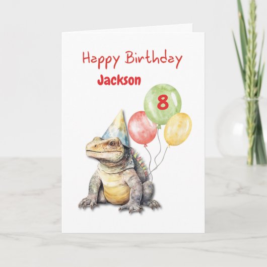 Birthday Komodo Dragon Lizard Party Hat Balloons Karte (Vorderseite)