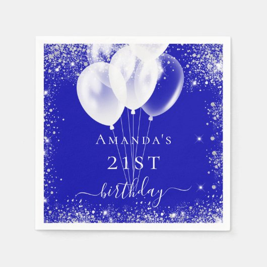 Birthday königsblau silberner Glitzer Weißballons Serviette (Vorderseite)