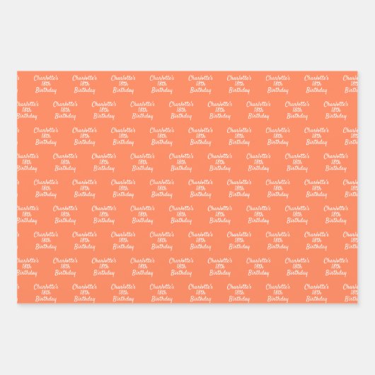 Birthday Korallenorange Namensskript Geschenkpapier Set (Vorderseite)