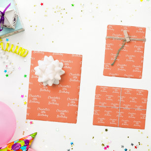 Birthday Korallenorange Namensskript Geschenkpapier Set