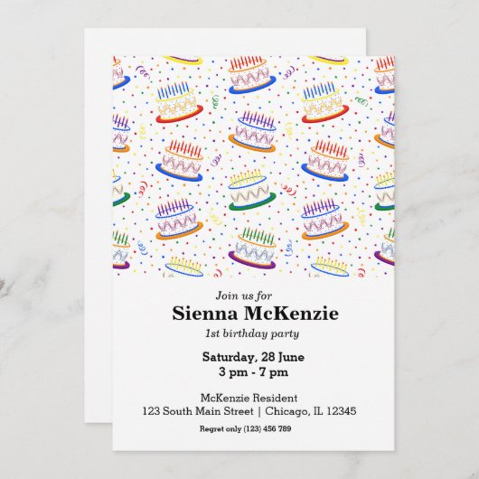 Birthday Kuchen Konfetti Regenbogen Einladung (Vorne/Hinten)