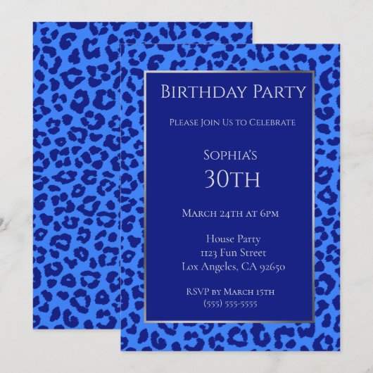 Birthday-Leopard-Muster-Blau- Einladung (Vorne/Hinten)