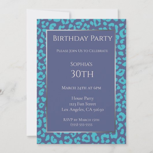 Birthday-Leopard-Muster-Blau- Einladung (Vorderseite)