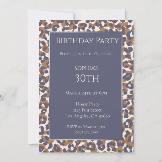 Birthday-Leopard Pattern-Blau und Braun- Einladung (Vorderseite)