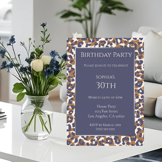 Birthday-Leopard Pattern-Blau und Braun- Einladung