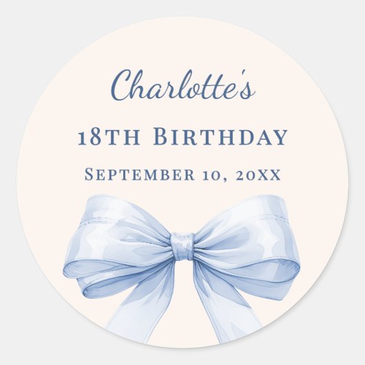 Birthday light blue bow ivory runder aufkleber (Vorderseite)